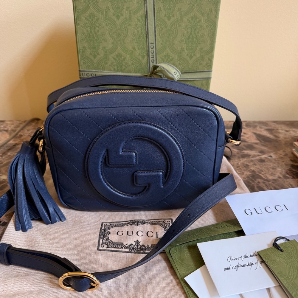 GUCCI Blue Agata Sakai Be Green Calfskin Diagonal Stitched Small Blondie Bag